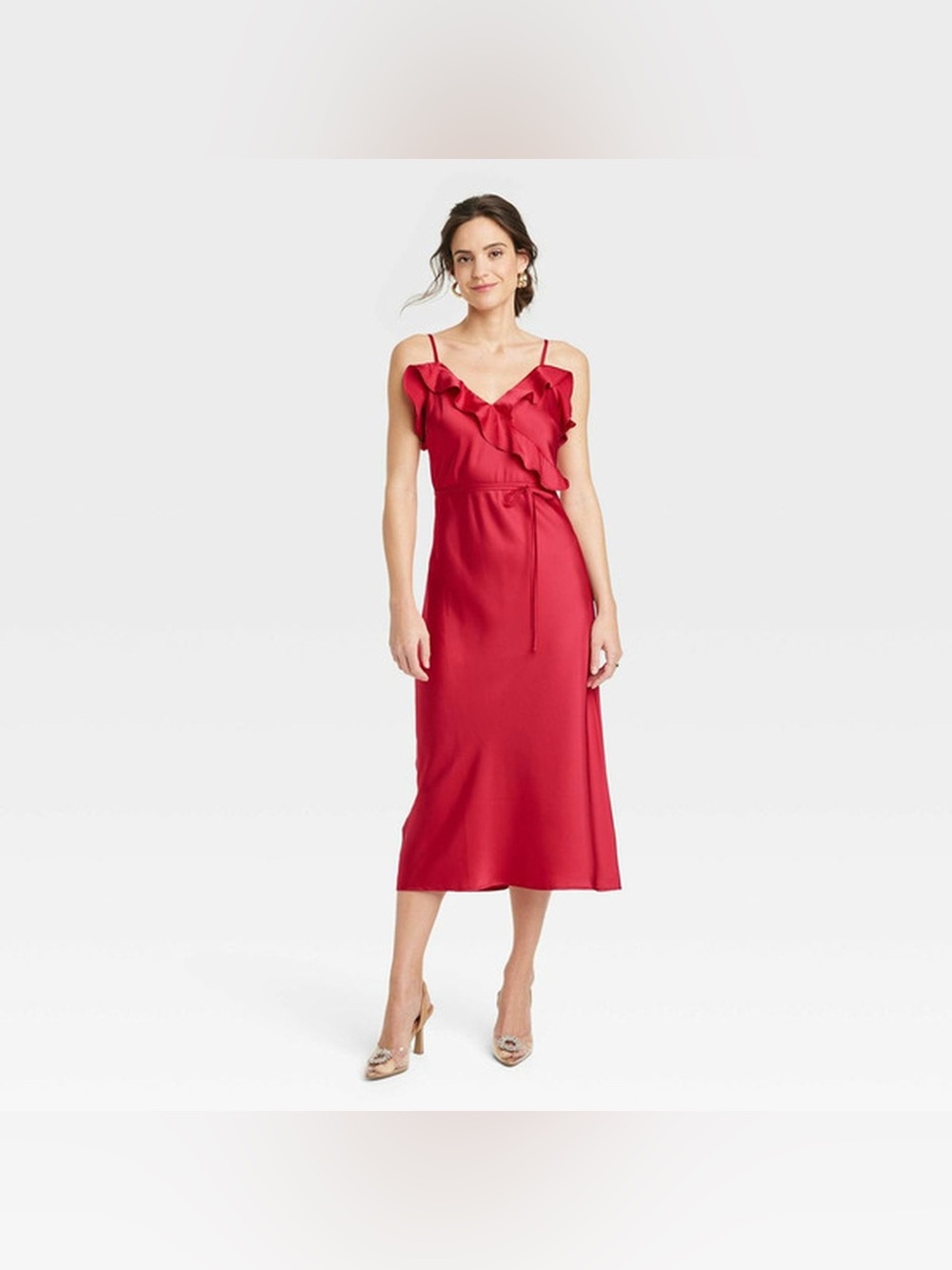 A New Day‎ Womens Red Ruffle V-Neck Satin Slip Midi Dress Size M RN17730